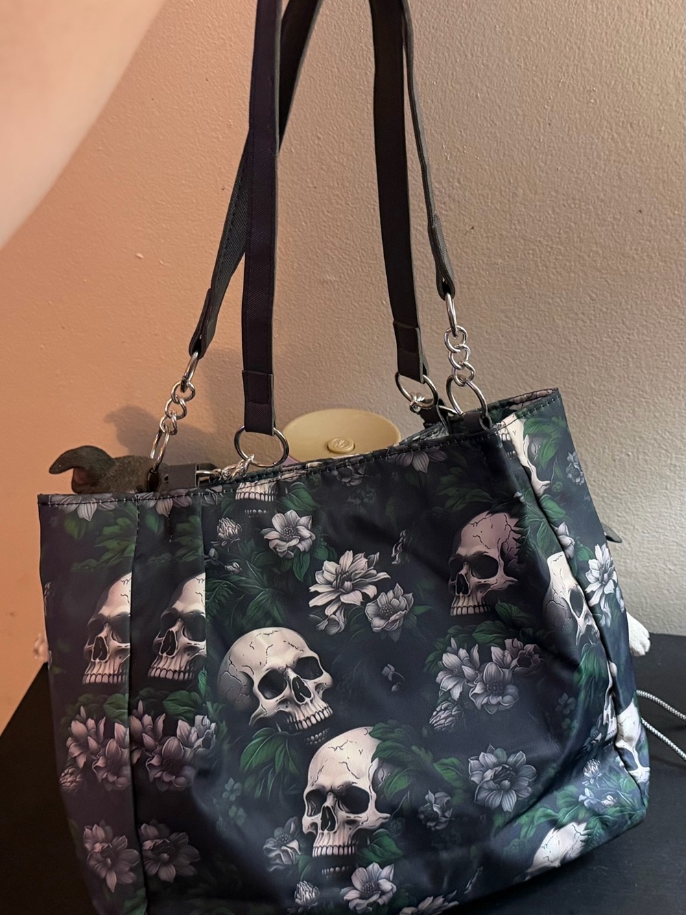 Skull Floral Tote Bag - Black and Green - Picture 4 of 7